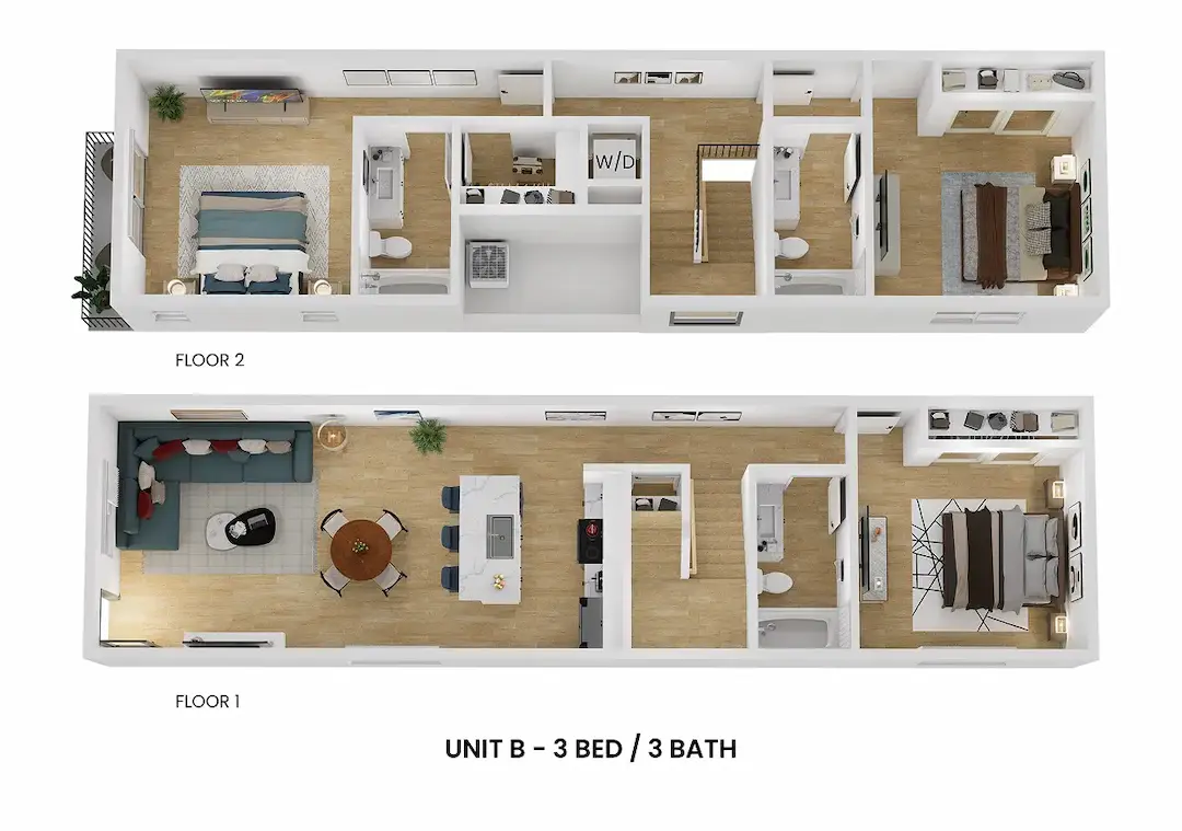 3D floor plan  a 3 bed, 3 bath apartment