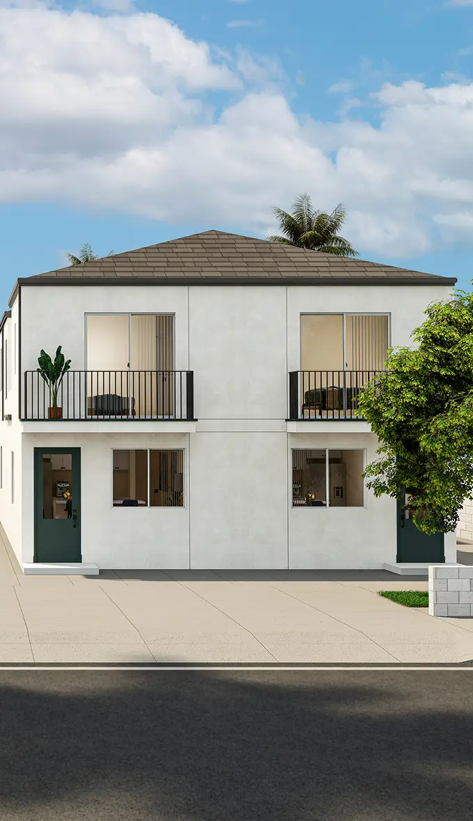 Front exterior view of 36TEN property with white facades, green doors, balconies, and a central walkway lined with palm trees.