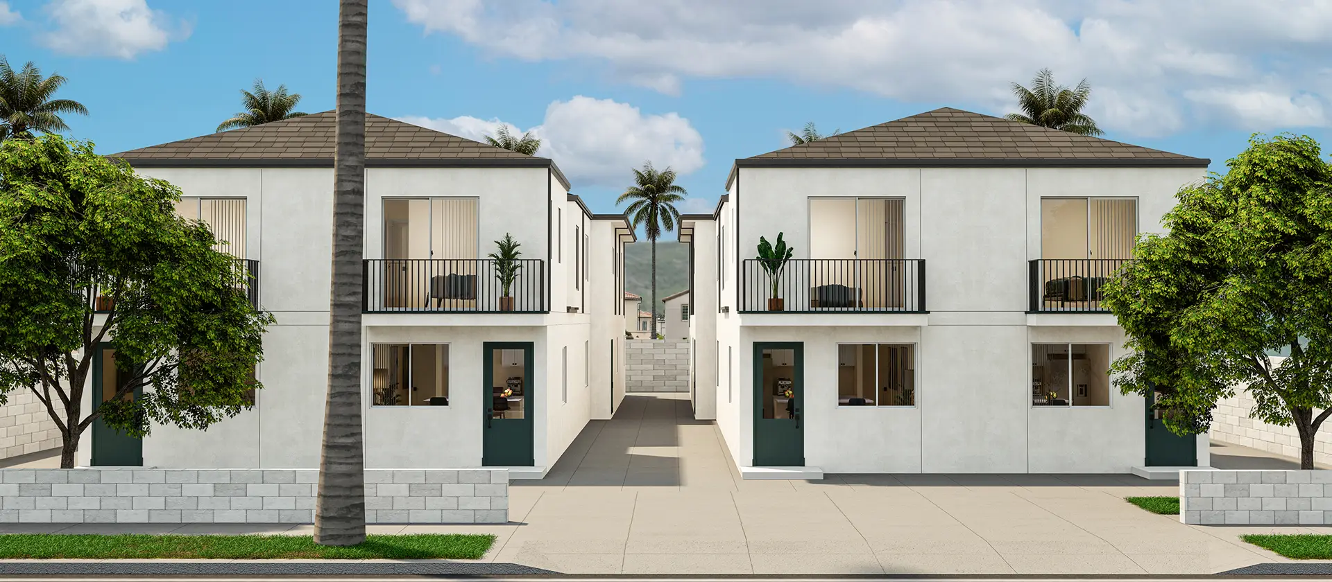 Front exterior view of 36TEN property with white facades, green doors, balconies, and a central walkway lined with palm trees.