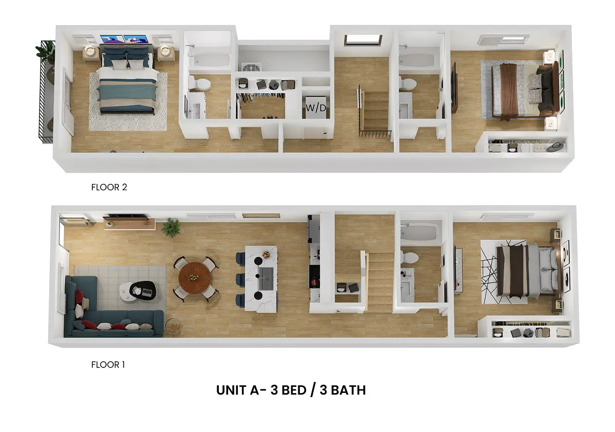 3D floor plan of Unit A, a 3 bed, 3 bath apartment