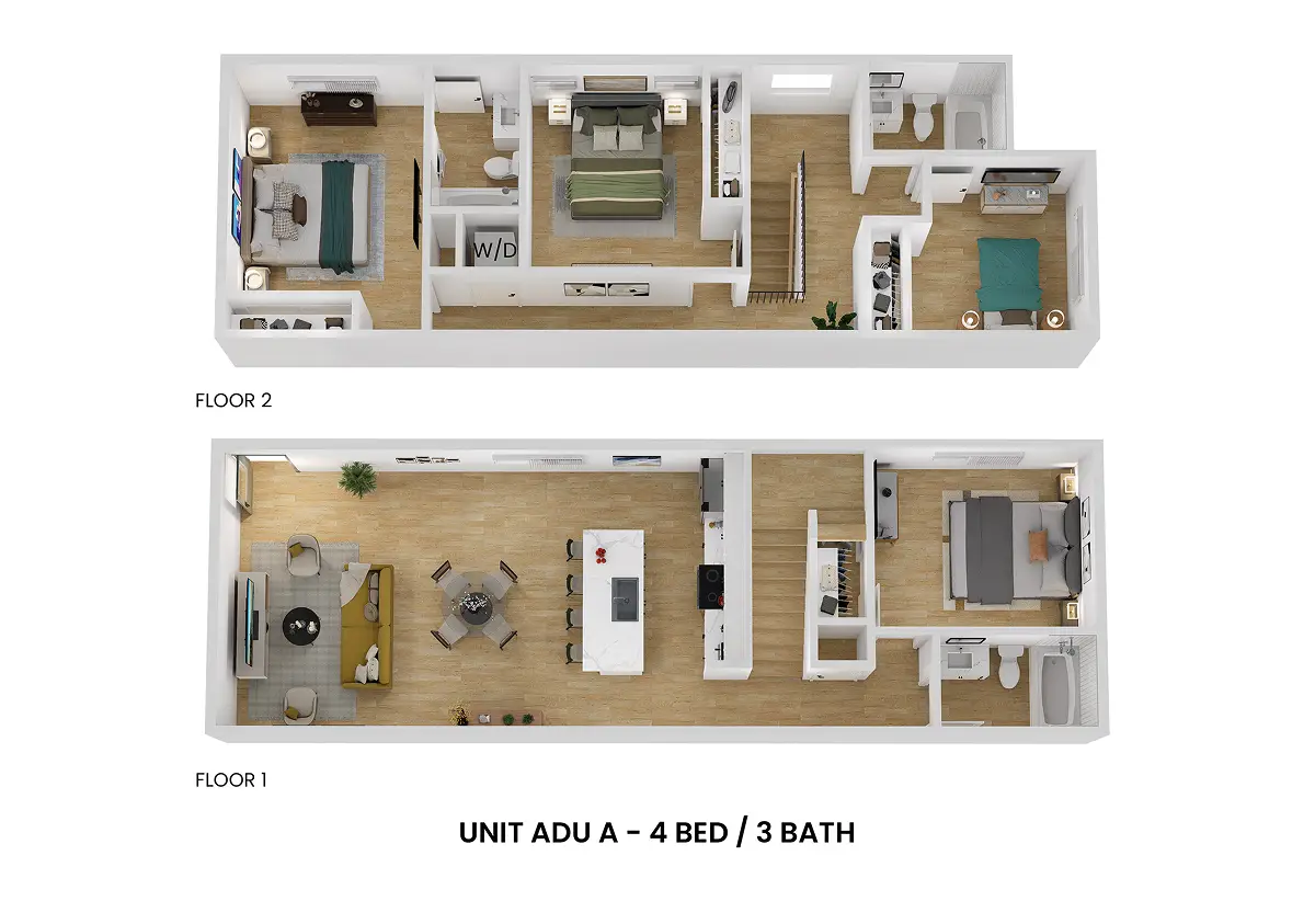 3D floor plan of Unit ADU A, a 4 bed, 3 bath apartment