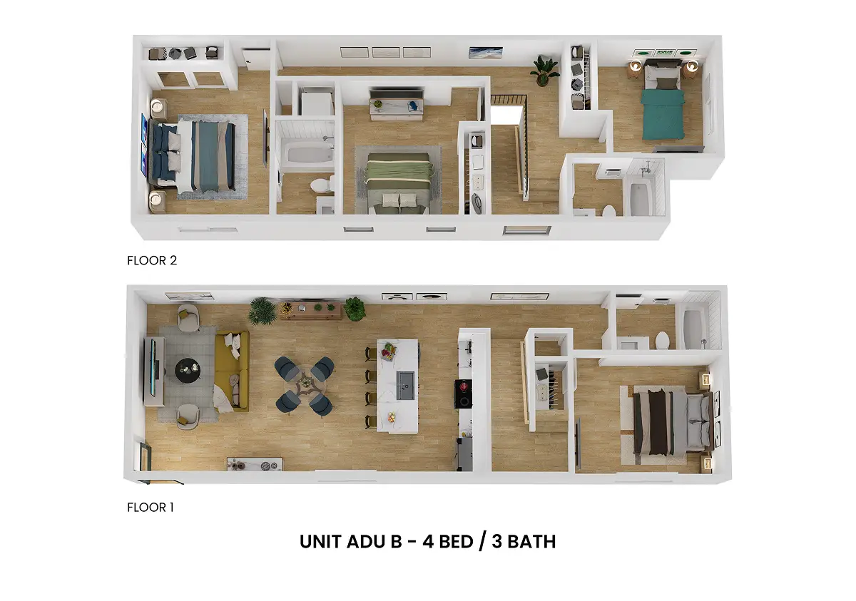 3D floor plan of Unit ADU B, a 4 bed, 3 bath apartment