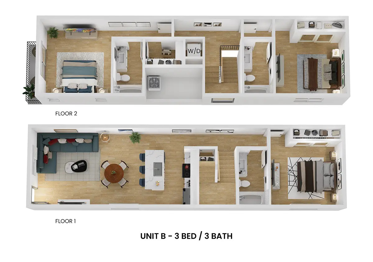 3D floor plan of Unit B, a 3 bed, 3 bath apartment