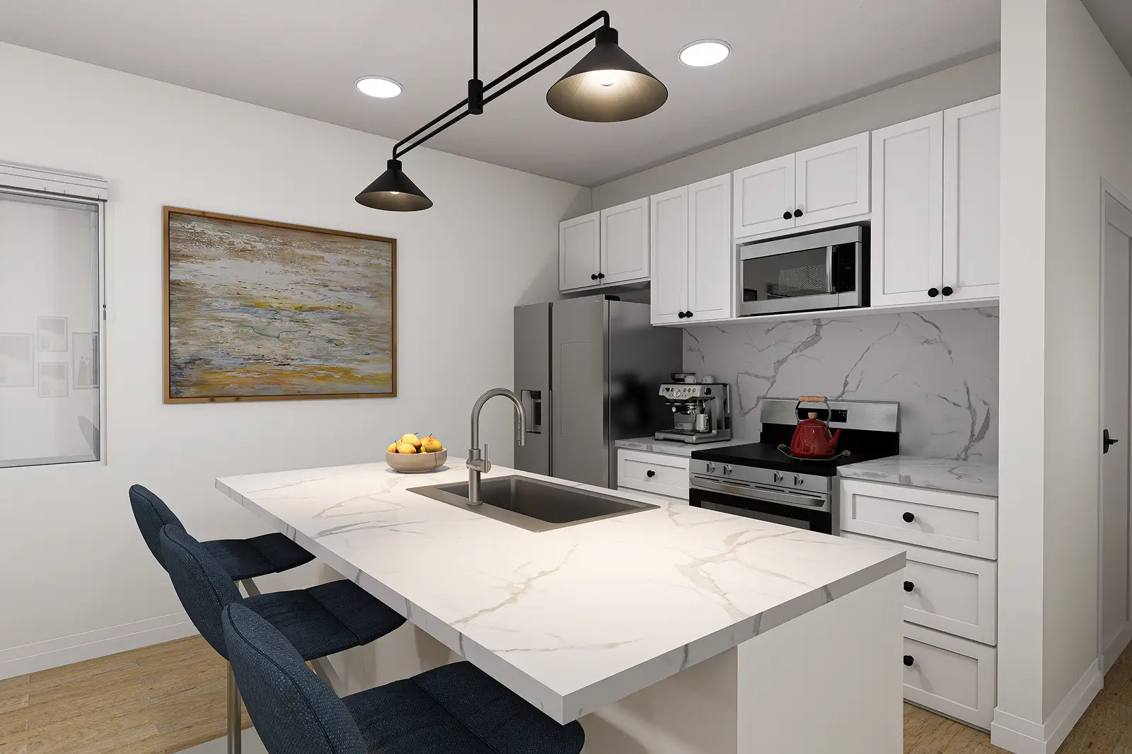 Modern white kitchen with marble island and stainless steel appliances.