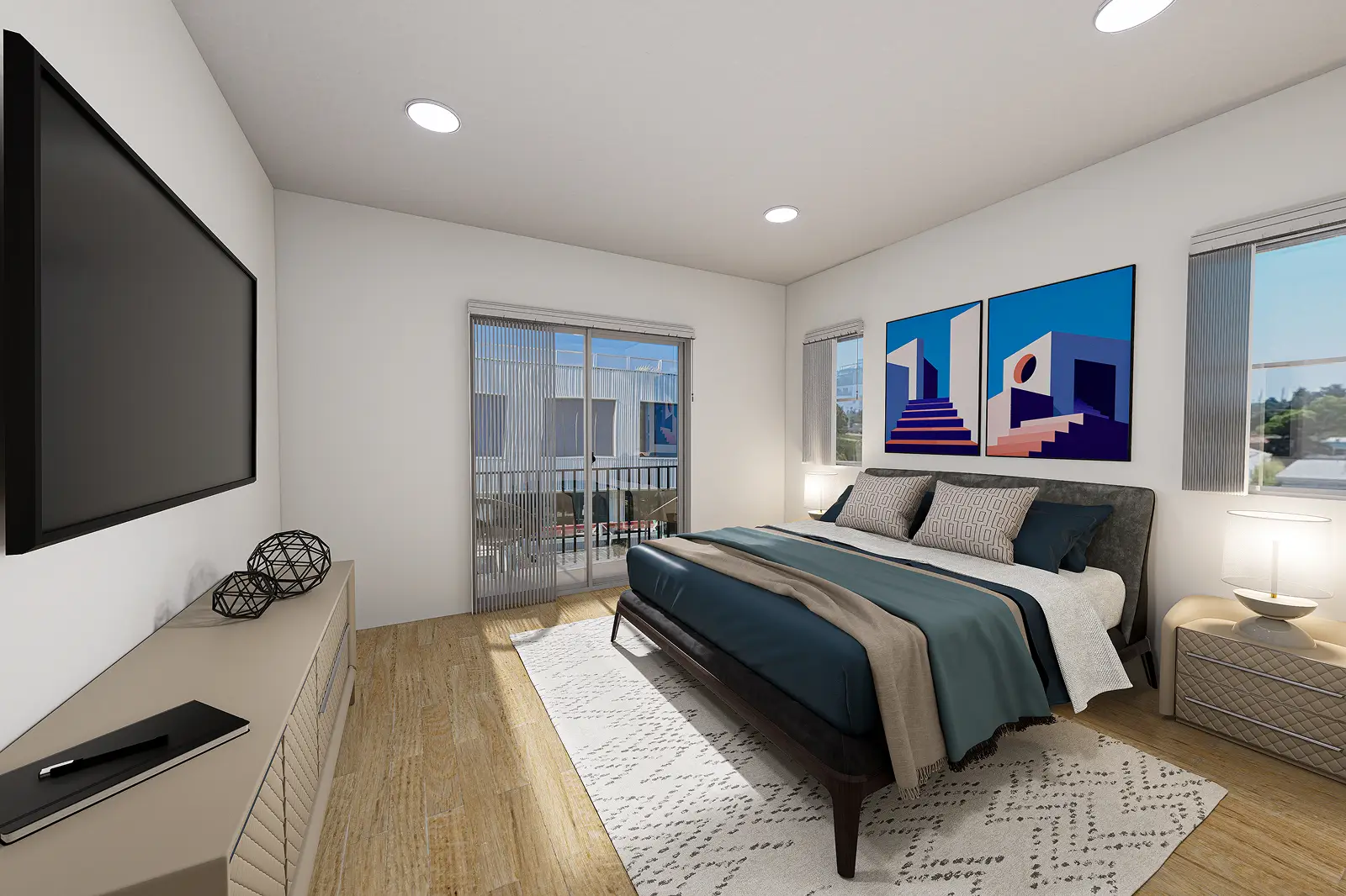 Bright modern bedroom with large bed, abstract art, and balcony access