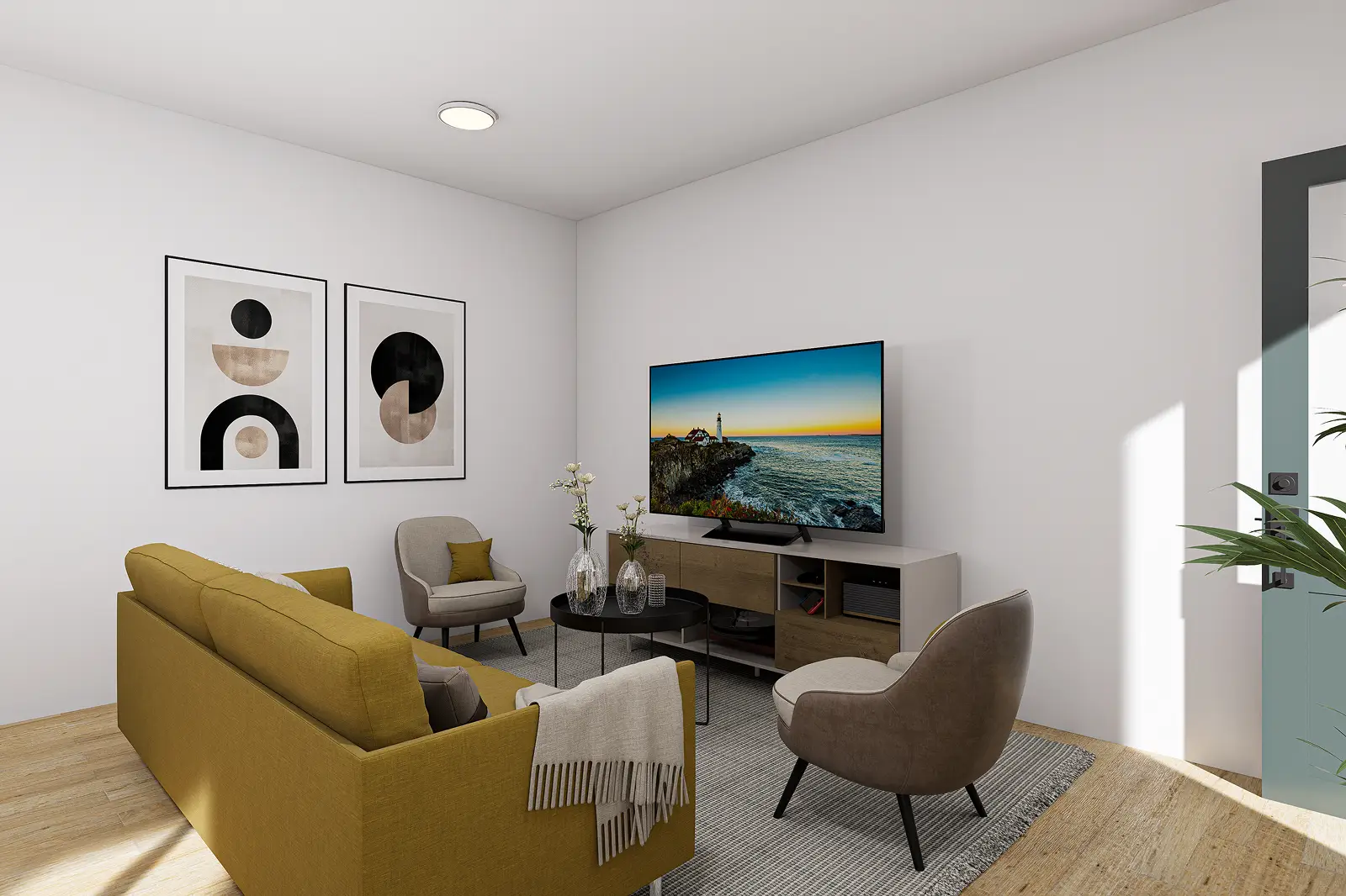 Cozy living room with mustard sofa, modern decor, and flat-screen TV.