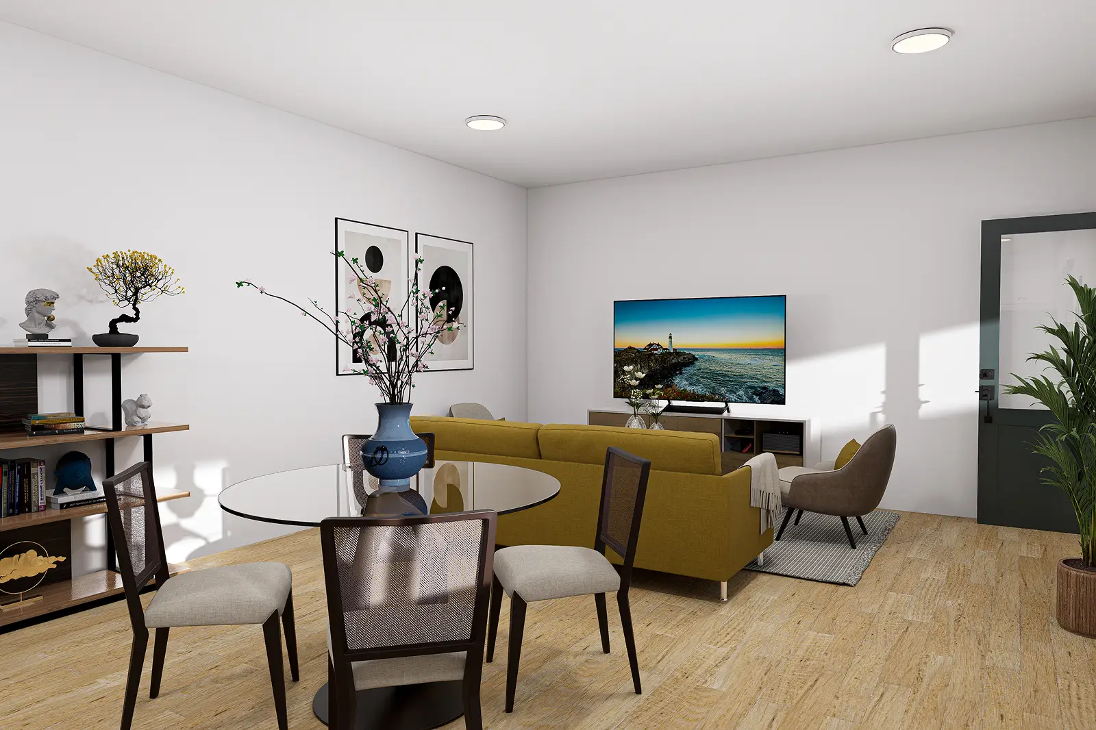 Stylish open living and dining area with mustard sofa and glass table.