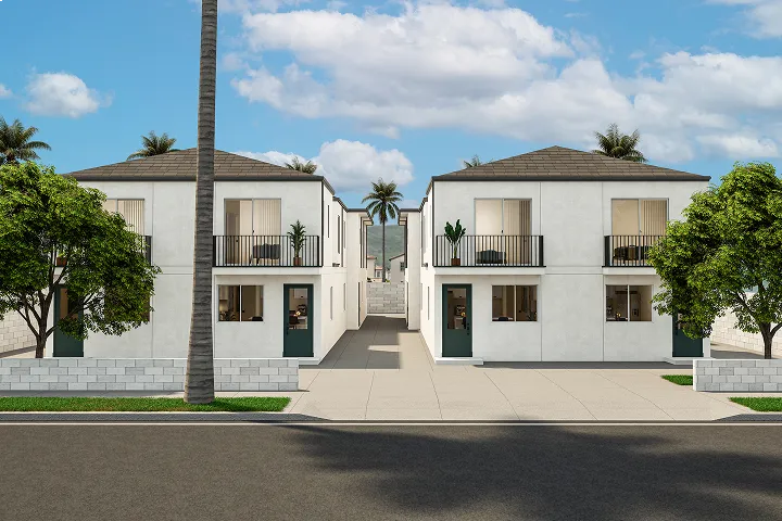 Modern duplex buildings with balconies and palm trees in the background.