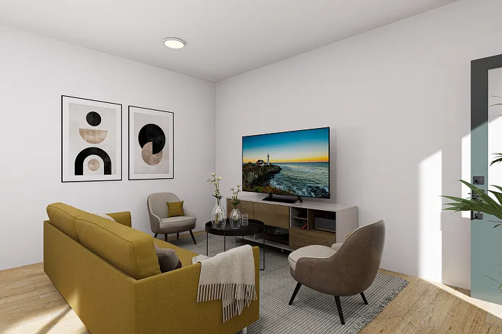 Cozy living room with mustard sofa, modern decor, and flat-screen TV.