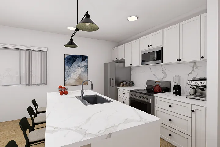 Bright modern kitchen with marble island and stainless steel appliances.